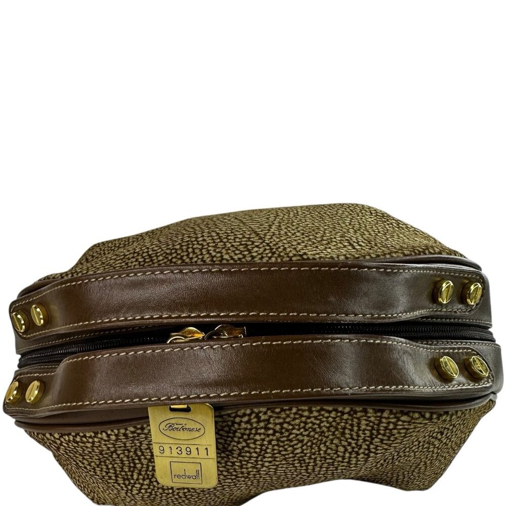 Borbonese Redwall Brown Tan Suede Leather Double Top Handle Bag Quail pattern - Picture 7 of 15